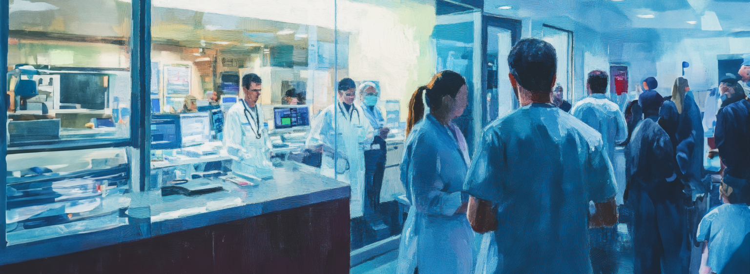 A bustling hospital environment featuring medical staff in white coats and scrubs working behind glass panels with computers and medical equipment visible. In the foreground, more medical personnel and individuals in the waiting area appear engaged in conversations or tasks, emphasizing a busy healthcare setting. The scene is rendered in a painterly style with a mix of blue and warm tones.