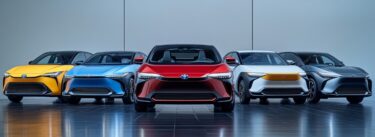 A lineup of five sleek, modern Toyota vehicles in vibrant colors (yellow, blue, red, white, and silver) displayed in a clean, well-lit showroom. The cars are positioned symmetrically, showcasing their futuristic and aerodynamic designs, symbolizing innovation and diversity in automotive technology.