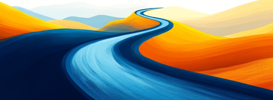 Illustration of a long, winding road weaving through vibrant, rolling hills in shades of orange and blue, creating a serene and dynamic landscape.